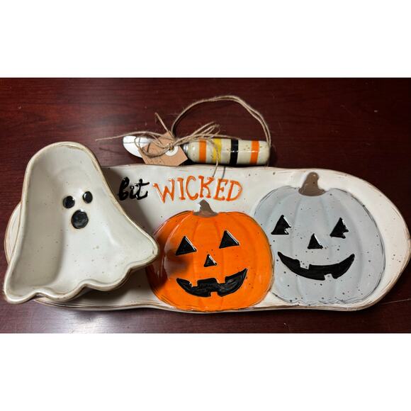 NIB Mud Pie Halloween Dip and Tray Set "A Wee Bit Wicked Pumpkins & Ghost - Picture 8 of 10